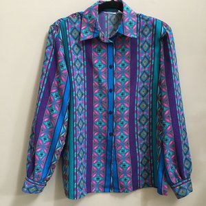 Funky Vintage Geometric Print Blouse, Purple, Blue, Turquoise + Green